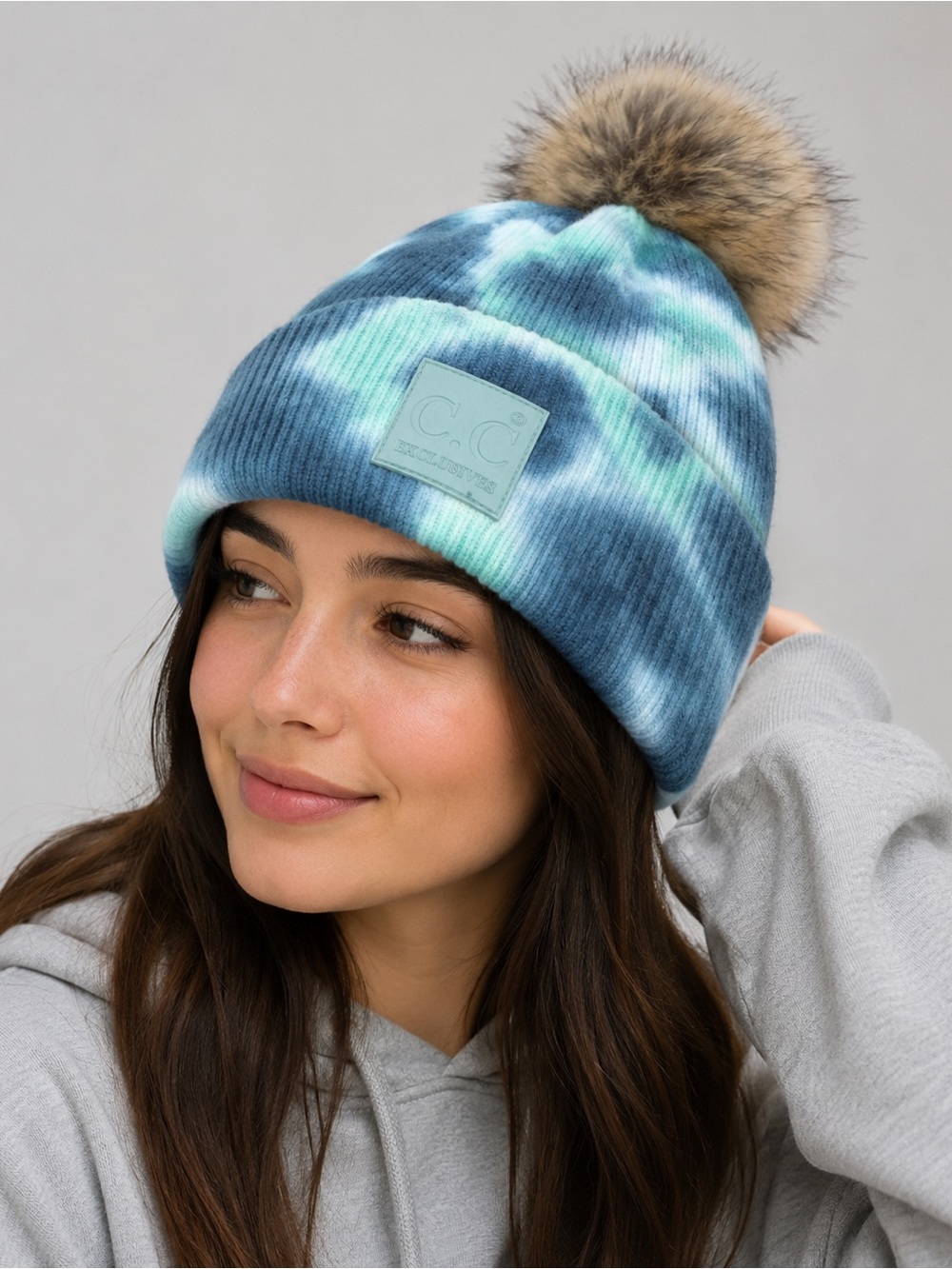 C.C Exclusives Tie Dye Faux Fur Pom Beanie Blue Teal Knit Hat NWOT